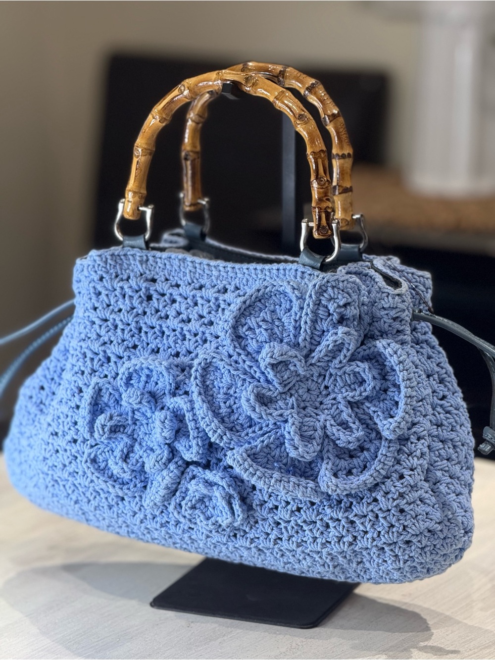 Vintage Patricia Nash Light Blue Crochet Sachet Bag with Bamboo Handles